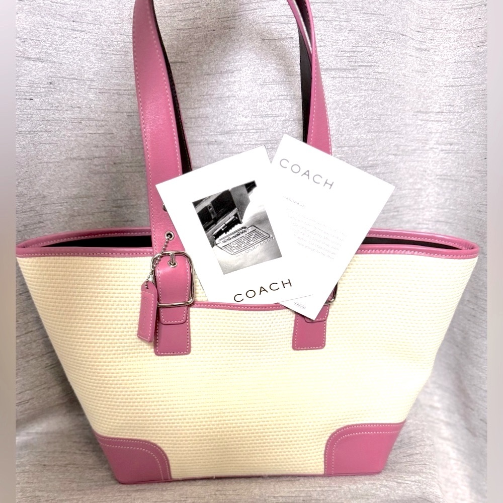 Coach NWOT 2004 Vintage - Ivory Straw & Pink Leather Tote w/ Dustbag & Care Card